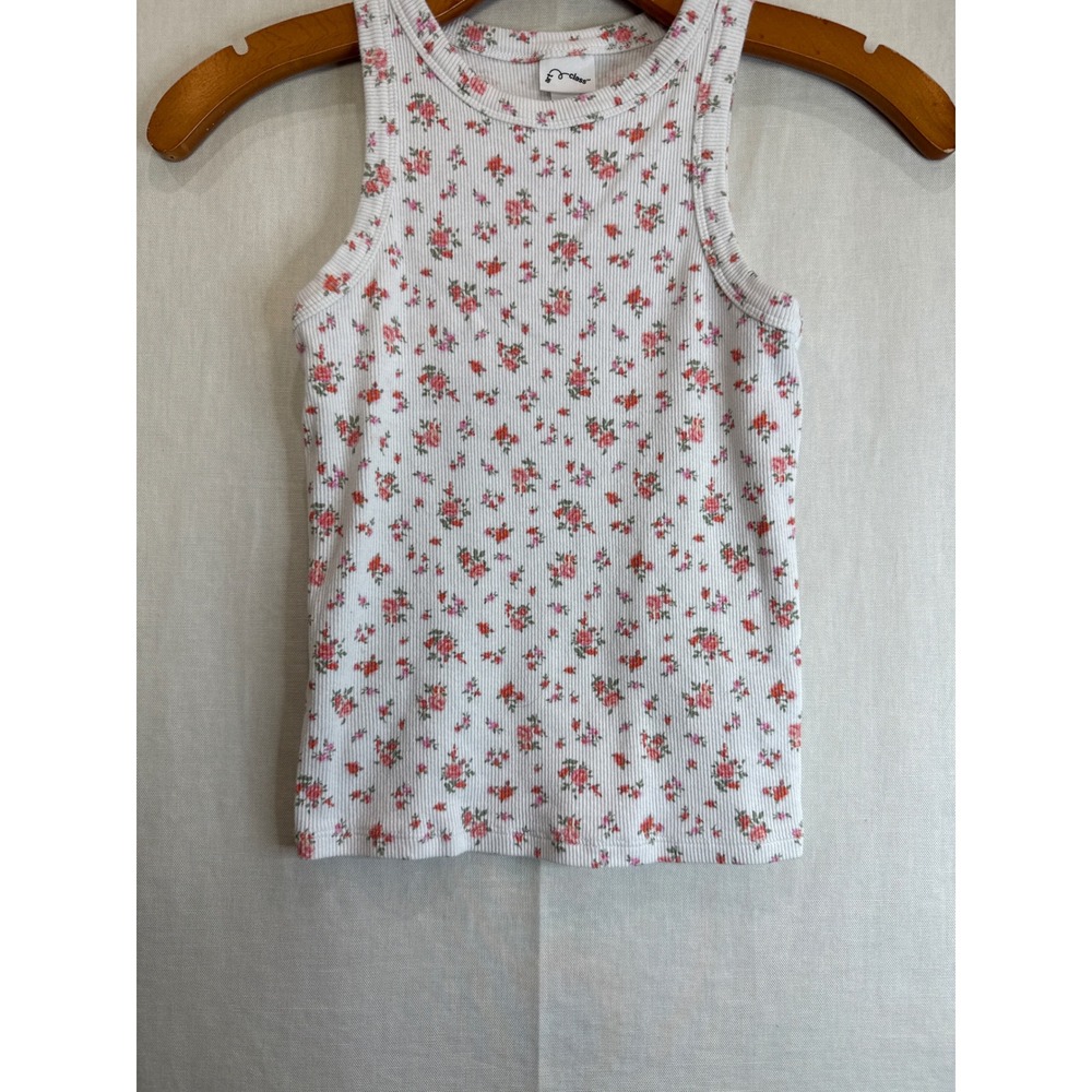 Art Class Girls Floral Ribbed Tank Top White Pink Ditsy Flower Racerback Kids